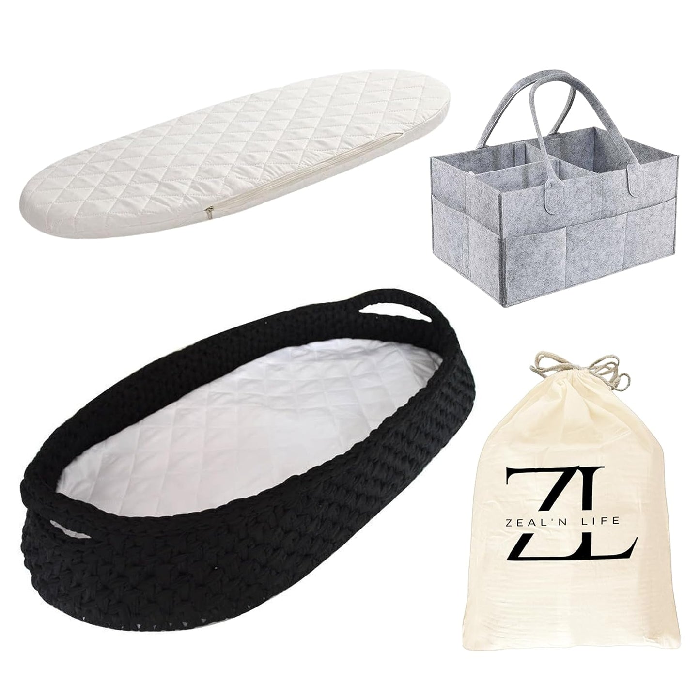 Black moses basket for babies with portable pad and storage basket