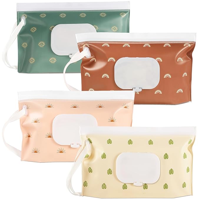 Baby Wipes: 4-Pack Portable Baby Wipes Dispenser - Refillable, Reusable Travel Wipes Case with Press-to-Open Lid, Boho Design