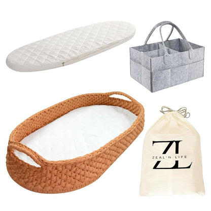 Beige moses basket for babies with portable pad and storage basket 