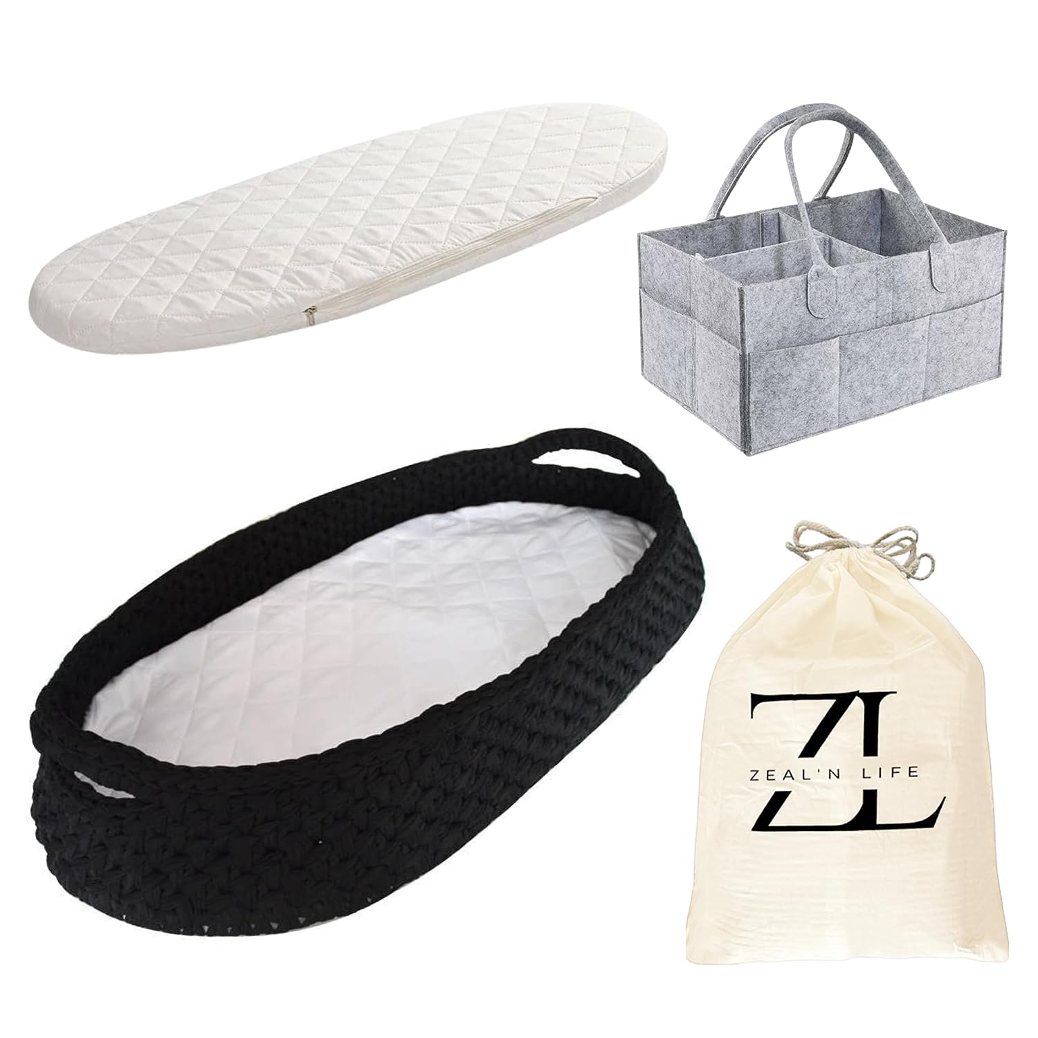 Black moses basket for babies with portable pad and storage basket 