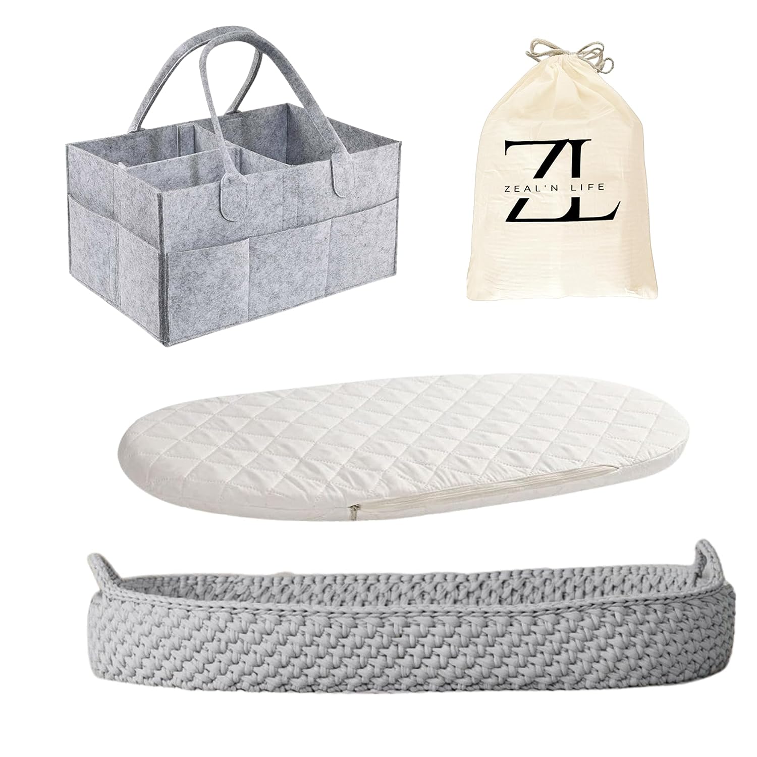 Grey baby changing basket with portable pad and small storage basket