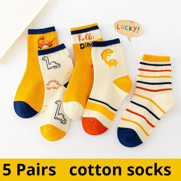5 Pairs Of Childrens Socks Pure Cotton Cartoon Dinosaur Medium Tube