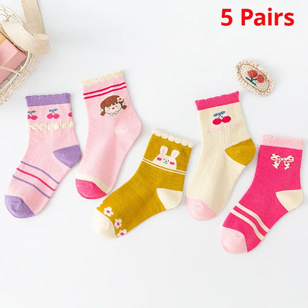 5 Pairs Lot Quality Pink Flower Carttoon Knit Warm Childrens Socks For