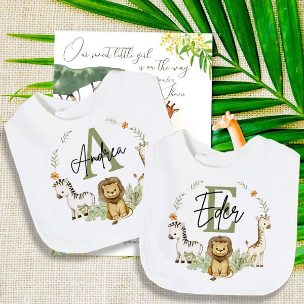 Personalised Baby Bib Safari Animals Bibs Initial with Name Newborn