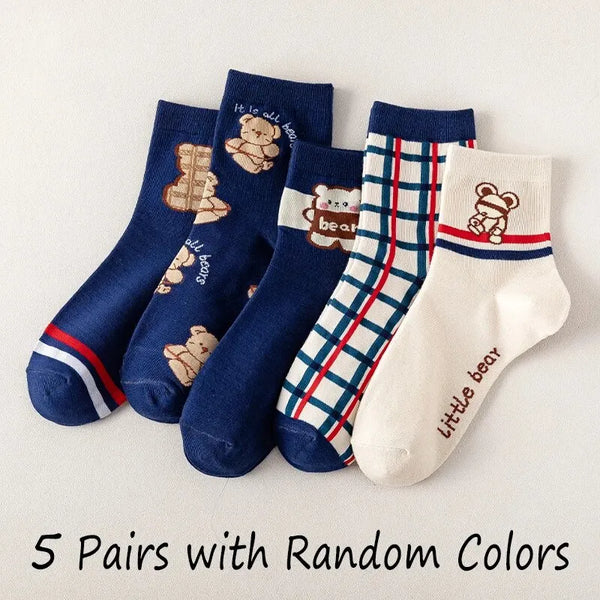 5 Pairs of Women's Spring Four-seasons Cute Cartoon Bear Striped