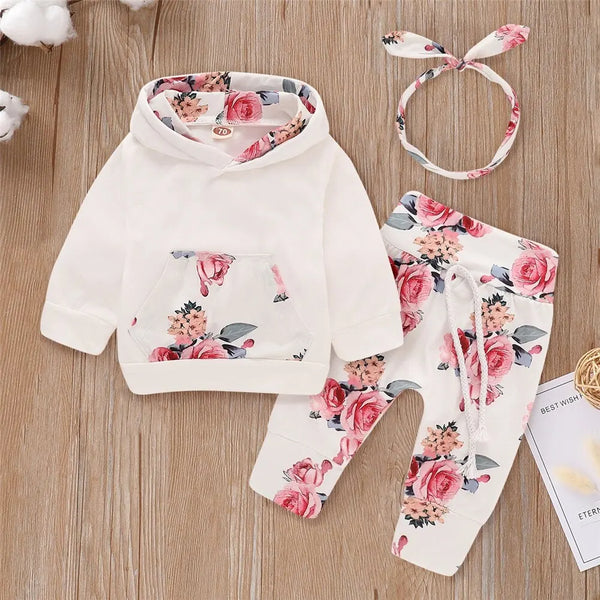 0-18 Months Toddler Baby Girl 3PCS Hooded Clothes Set Flowers Print