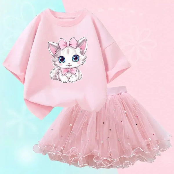 Cute Summer Girls Outfits Cartoon Cat T-shirt and Tutu Skirt 2pc/Set