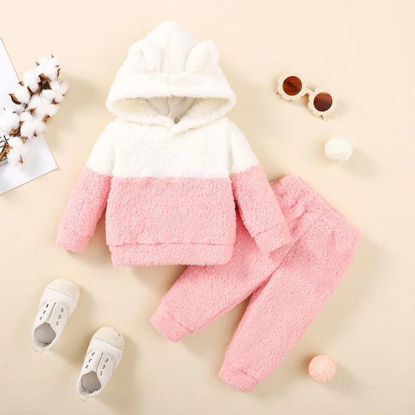 0-2 Years Newborn Baby Girl Fluff Hooded Clothes Set Long Sleeve