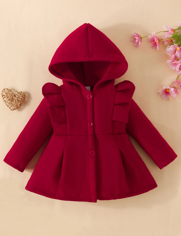 Baby Girl Ruffled Long Sleeve Fleece Hooded Single Breasted CoatKids