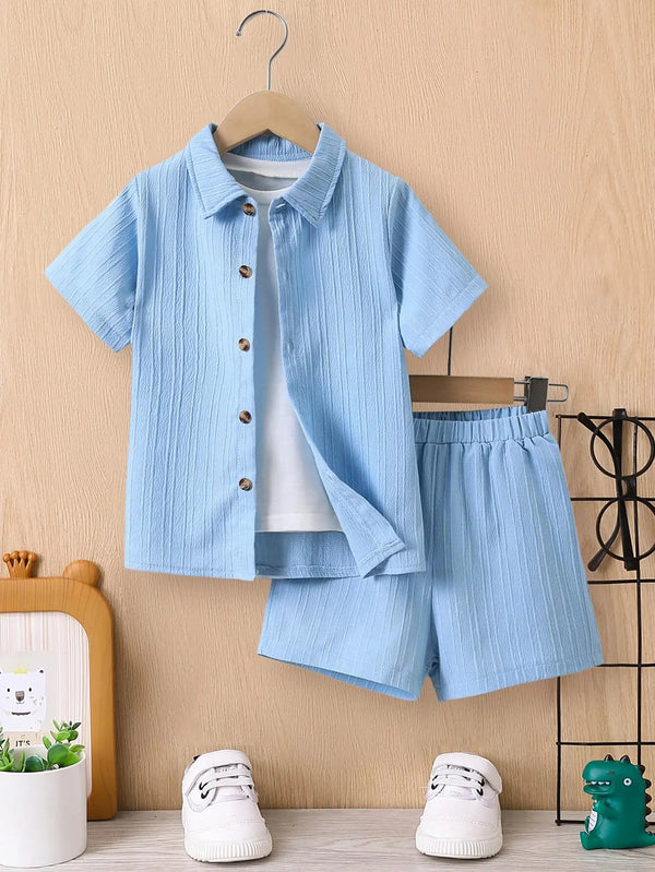 Summer Boys' Sets Blue Wave Shirt Shorts Casual Two-Piece Simple Kids
