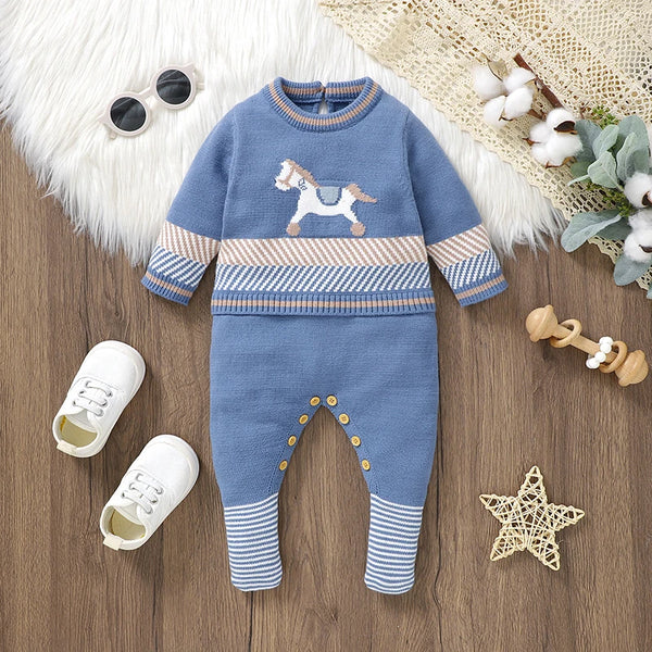 Baby Rompers Blue Long Sleeve Knit Newborn Boys Jumpsuits Playsuits