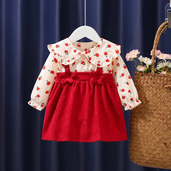 Autumn New Girls Dress Long Sleeve Flower Full Print A-line Dress Fake