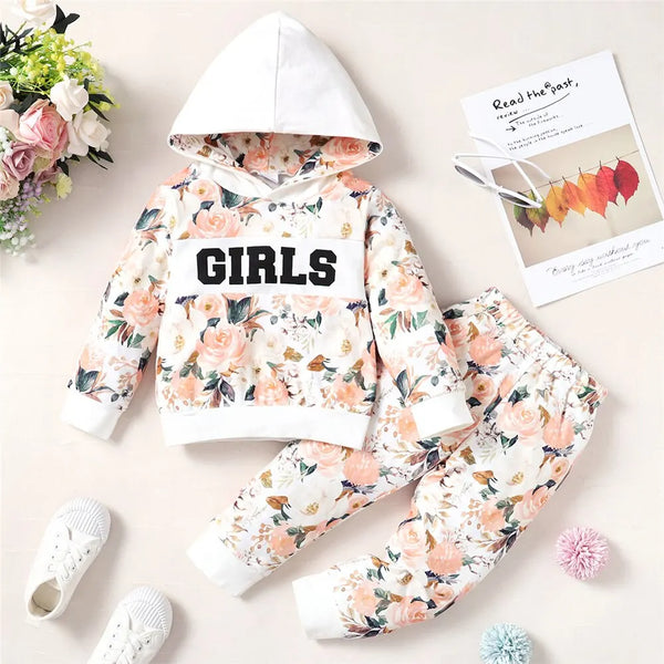 1-5 Years Kids Girl 2PCS Clothes Set Flower Print Hoodie Long Sleeve