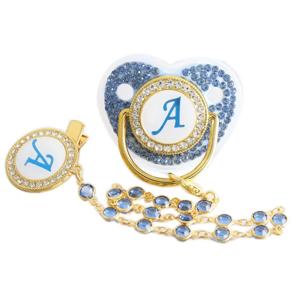 26 Letters Pacifier Blue Baby Pacifier with Bead Chain Gem Clip