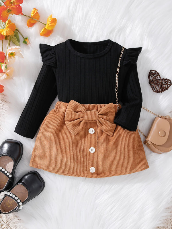 2024 Korean autumn long sleeved black fly sleeve+corduroy bow short