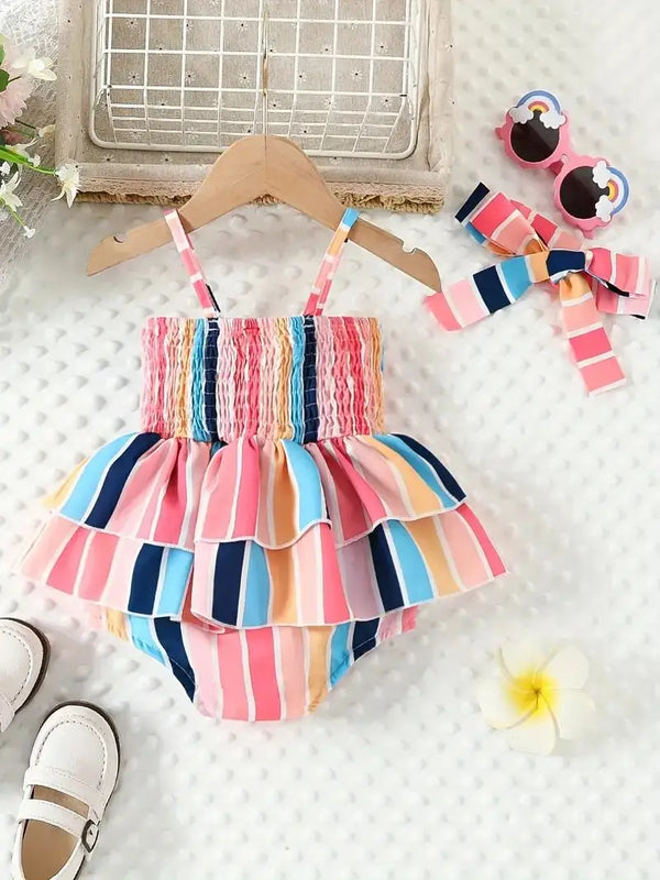 2pcs Baby Girls Casual Striped Thin Strap Sleeveless Onesie & Headband