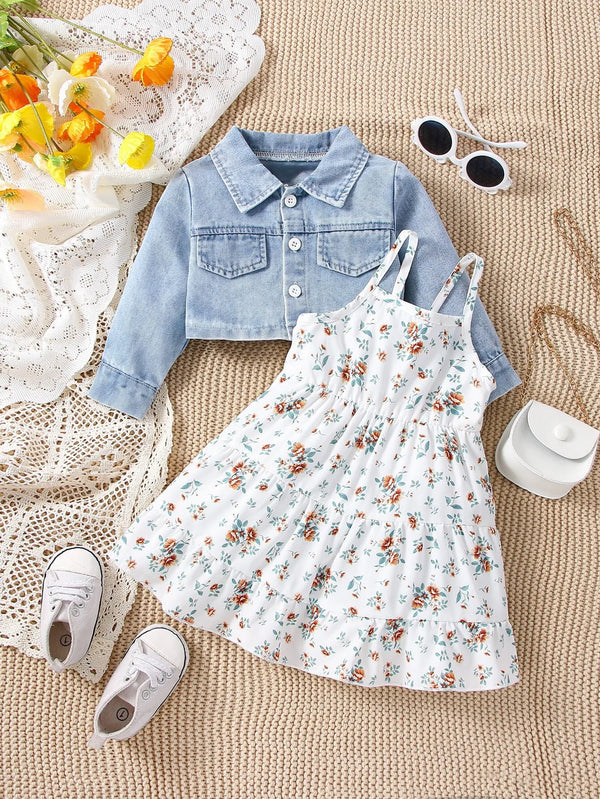 Baby Spring and Autumn Denim Coat Floral + Slip Skirt Two-piece Casual