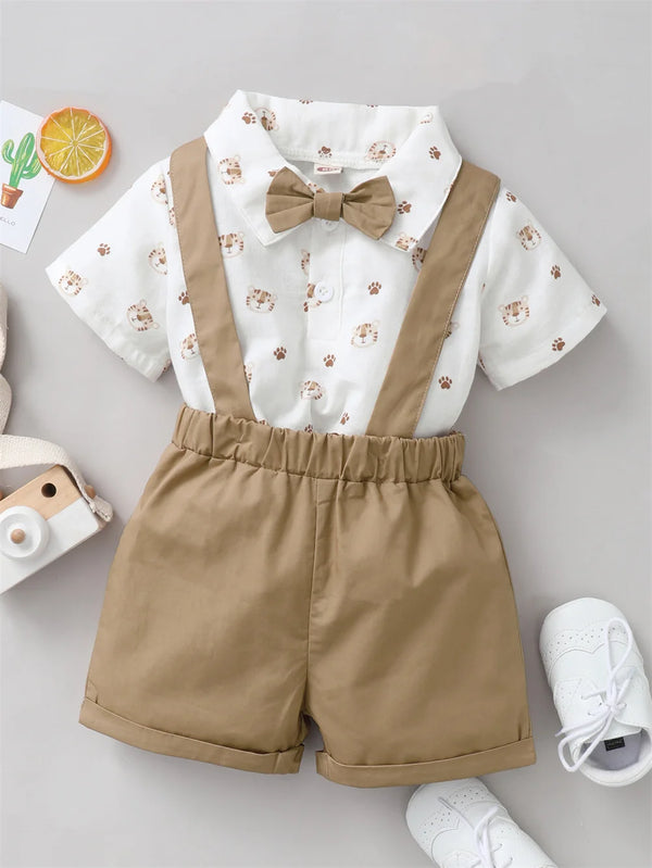 2PCS Infant Boy Clothes Set Tiger Print Short Sleeve with Bow+Strap